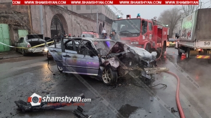 Երևանում՝ Թբիլիսյան խճուղում, բախվել են  BMW-ն ու Toyota Altezza-ն. BMW-ում հրդեհ է բռնկվել, այն վերածվել է մոխրակույտի. կան վիրավորներ. ՖՈՏՈՌԵՊՈՐՏԱԺ, ՏԵՍԱՆՅՈՒԹ
