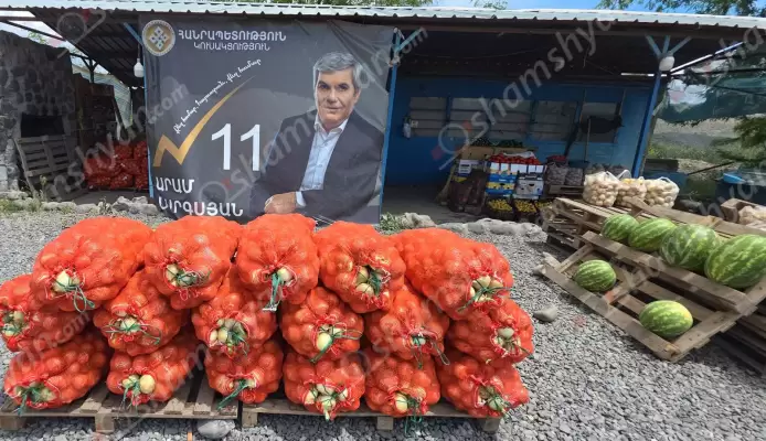 Վարչապետի թեկնածու Արամ Սարգսյանը խոստանում է, որ գյուղացու աճեցրած գյուղմթերքները, այդ թվում՝ արցունքաբեր սոխը, գետնին չեն մնա. իրենք այն կարտահանեն Եվրոպա, թող Ռուսաստանը չվախեցնի. ՖՈՏՈՌԵՊՈՐՏԱԺ, ՏԵՍԱՆՅՈւԹ